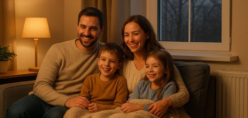 Famille au chaud dans un salon à Mérignac, assise sur un canapé avec radiateur éteint, illustrant le confort d’une maison bien isolée