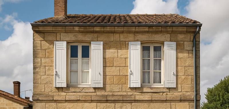 Maison ancienne en pierre à Pessac avec façade traditionnelle, volets blancs et toiture en tuiles, typique du patrimoine girondin.