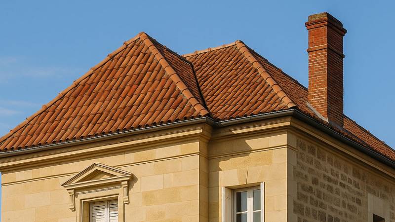 Photo réaliste d’une maison traditionnelle bordelaise avec une grande toiture en tuiles rouges, vue en légère contre-plongée, ciel bleu, style typique de la Gironde.