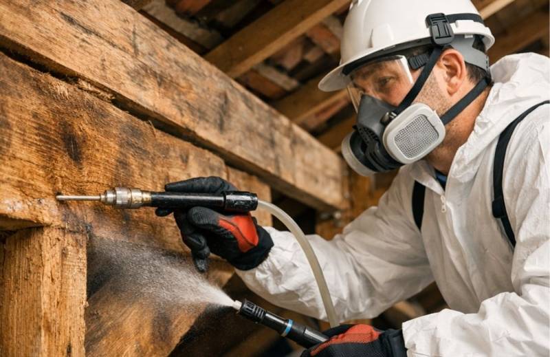 Traitement de charpente par injection et pulverisation dans des combles a Andernos les Bains