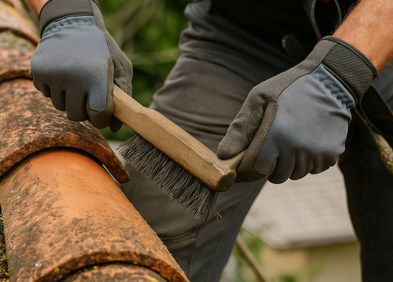 Tuile de toiture couverte de mousse, nettoyée manuellement avec une brosse sur un toit en pente.