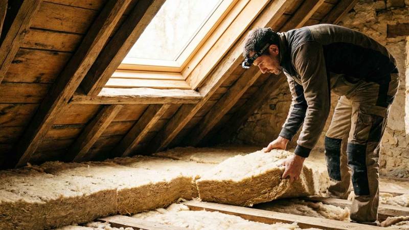 inspecting high-quality insulation under sloped roof (isolation sous rampant),