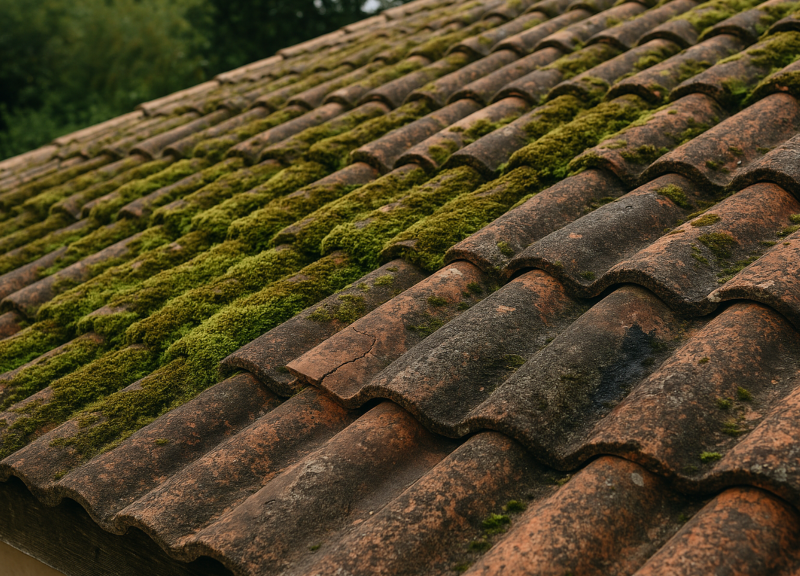  d’un toit envahi par la mousse, avec quelques tuiles fendues ou noircies.