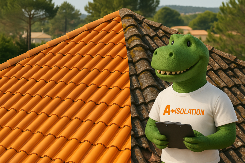 Toiture en tuiles vue en plongée, moitié nettoyée avec des tuiles orange propres et brillantes, moitié vieillie et encrassée avec mousse, taches noires et fissures ; en arrière-plan, des arbres et maisons du Bassin d’Arcachon floutés.